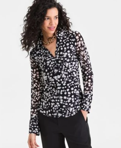 I.N.C. International Concepts Womens Long Sleeve Printed Mesh Collared Top Macys Exclusive