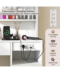 Costway Vanity Desk Set with Mirror & Lights Power Outlet Cushioned Stool