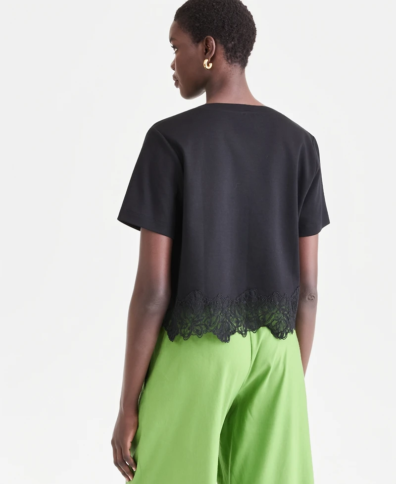 I.n.c. International Concepts Women's Lace-Trim Short Sleeve T-Shirt, Macy's Exclusive