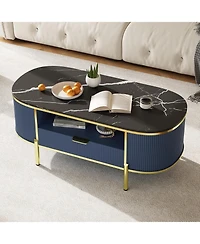 gaomon 48" Oval Coffee Table with Fluted Design & Faux Marble Top, Modern Center Table with Drawers