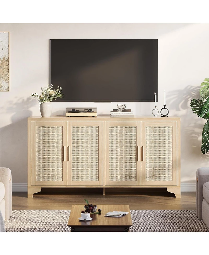 gaomon 4-Door Boho Sideboard Buffet Cabinet, Natural Rattan Storage Console for Dining Room, Living Room, Kitchen, Beige