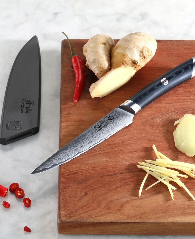 Cangshan Kuro Series Steel 5" Serrated Utility Knife with Sheath