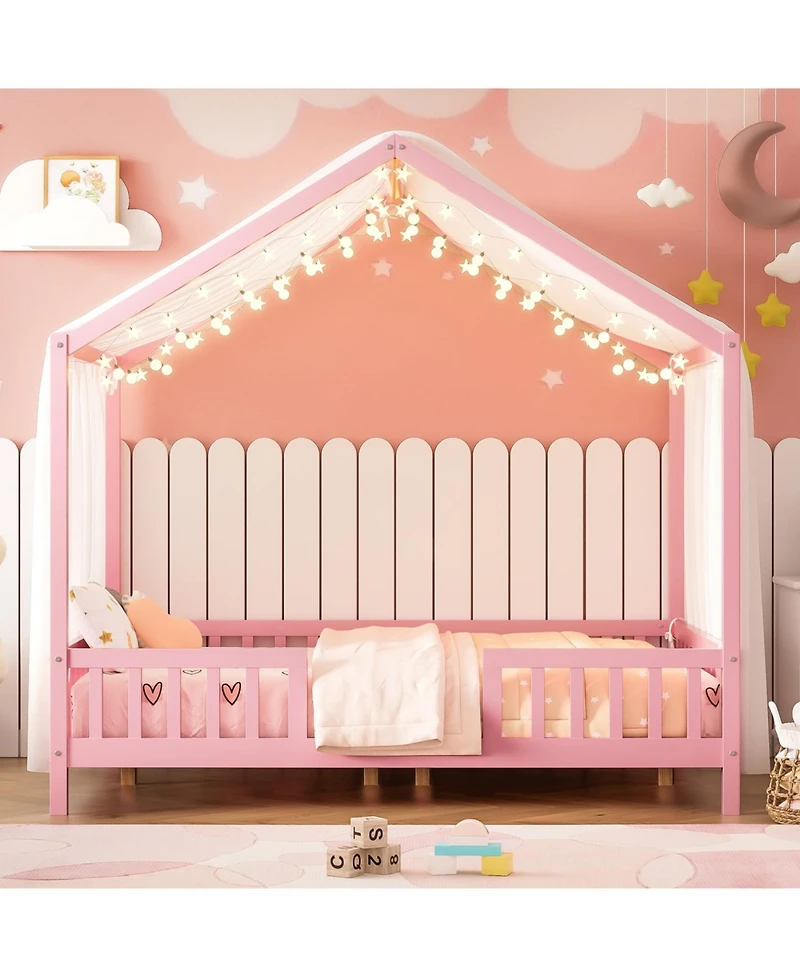 Streamdale Furniture Montessori Floor Bed with Canopy, Full House Shape Toddler Frame