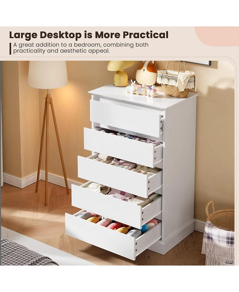 gaomon 5-Drawer Tall Dresser for Bedroom, Wooden Chest of Drawers with Deep Storage for Living Room, White