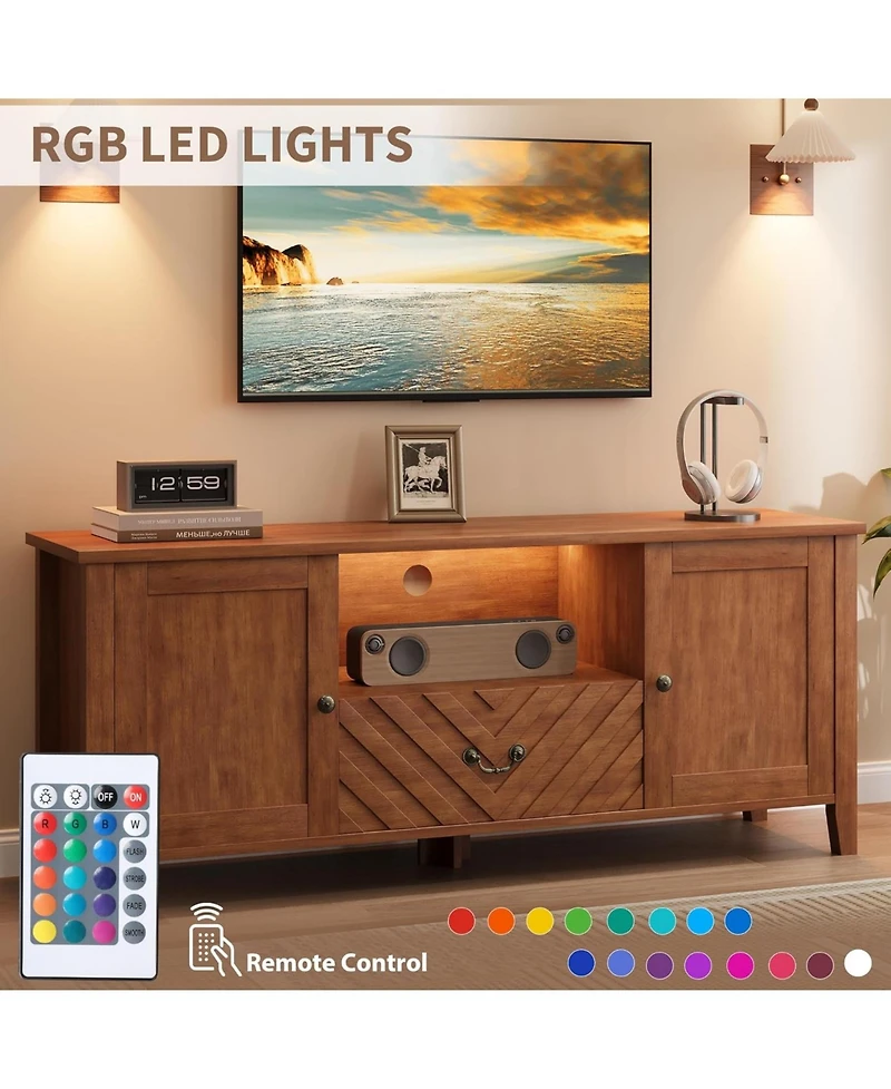 gaomon Tv Stand for 65" Tv with Led Lights, Entertainment Center with Storage, Brown