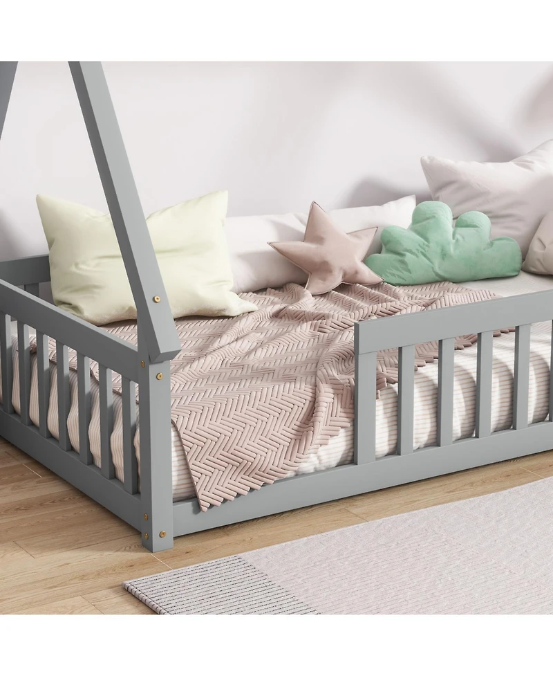 Streamdale Furniture Twin Tent-shaped Floor Bed, Teepee Bed with Guardrails, Slats