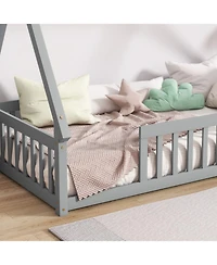 Streamdale Furniture Twin Tent-shaped Floor Bed, Teepee Bed with Guardrails, Slats