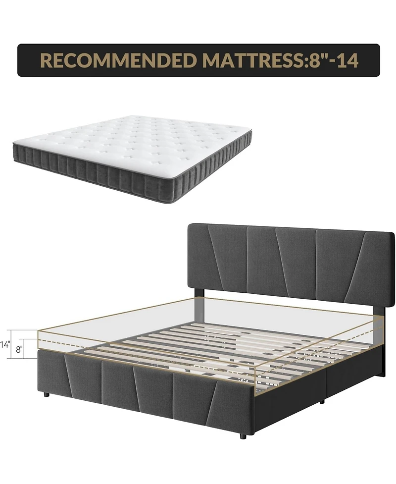 gaomon Bed Frame with Adjustable Headboard and 4 Storage Drawers, Soft Upholstered Platform Frames Wooden Slats Support