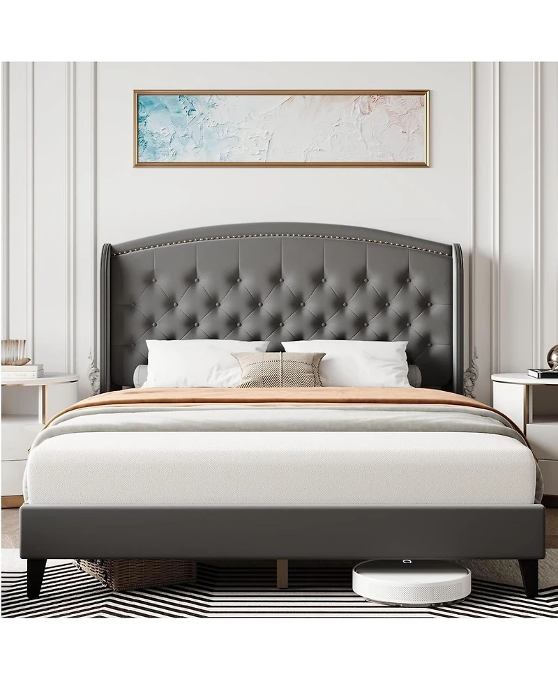 gaomon King Size Bed Frame, Soft Velvet Upholstered Platform Bed Frame with Wingback Headboard and Button Tufted Design, Wood Slat Support, (Gray