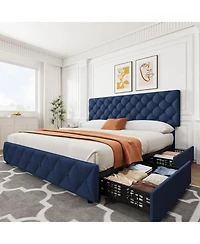 gaomon Bed Frame with 4 Storage Drawers and Adjustable Headboard, Faux Leather Upholstered Platform Beds