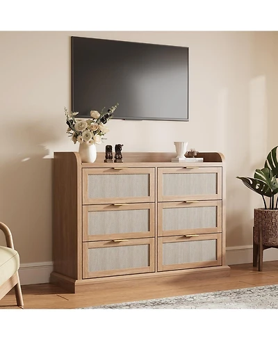 gaomon 6-Drawer Rattan Dresser for Bedroom, 47.2" Wide Wooden Chest with Ample Storage, Beige