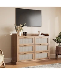 gaomon 6-Drawer Rattan Dresser for Bedroom, 47.2" Wide Wooden Chest with Ample Storage, Beige