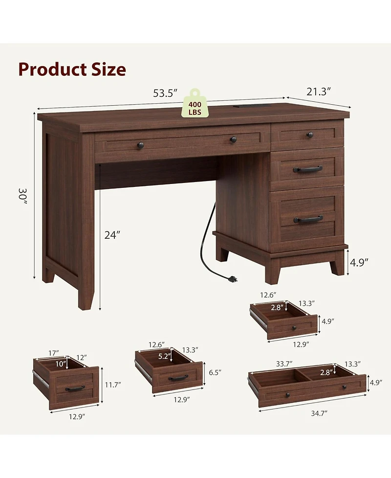 gaomon 53.5" Farmhouse Executive Desk with File Drawers, Charging Station & Storage for Home Office
