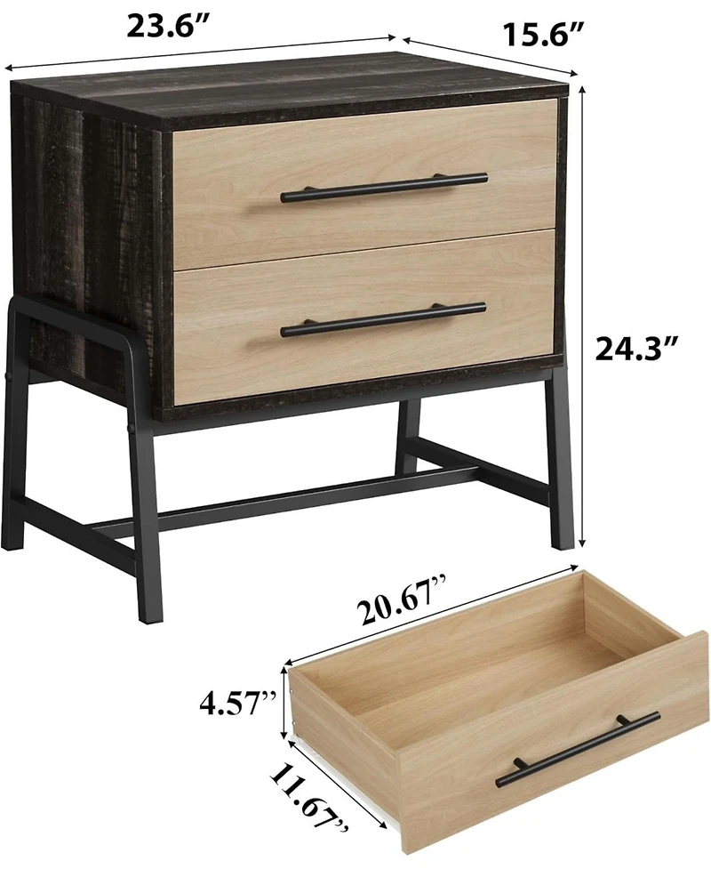 gaomon Farmhouse Nightstand with Drawers, Light Wood Side Table with Metal Legs, Bedside Storage Table, Dark Brown