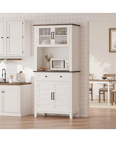 gaomon 72" Farmhouse Coffee Bar Cabinet, Buffet Sideboard with Storage Drawers and Glass Doors for Kitchen or Dining Room, White