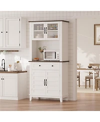 gaomon 72" Farmhouse Coffee Bar Cabinet, Buffet Sideboard with Storage Drawers and Glass Doors for Kitchen or Dining Room, White