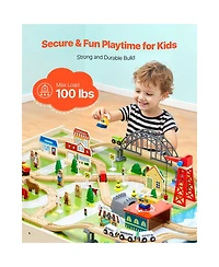 Slickblue Train Table, 120 Multicolor Pieces Wooden Kids Activity Table with Collapsible Storage Bin