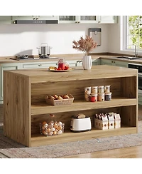 Tribesigns 59-Inch Kitchen Island with Storage, 3-Tier Farmhouse Stationary Island Table with Large Worktop & Seating Area, Breakfast Counter