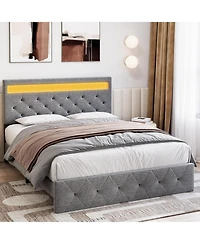 gaomon Size Bed Frame with Rgb Led Lights and Charging Station, Upholstered Platform Bed with Adjustable Headboard - Queen