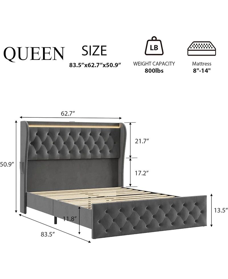 Gaomon Led Platform Bed Frame with Charging Station, Velvet Upholstered Bed Frame with Button Wingback Headboard, No Box Spring Needed