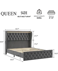 Gaomon Led Platform Bed Frame with Charging Station, Velvet Upholstered Bed Frame with Button Wingback Headboard, No Box Spring Needed