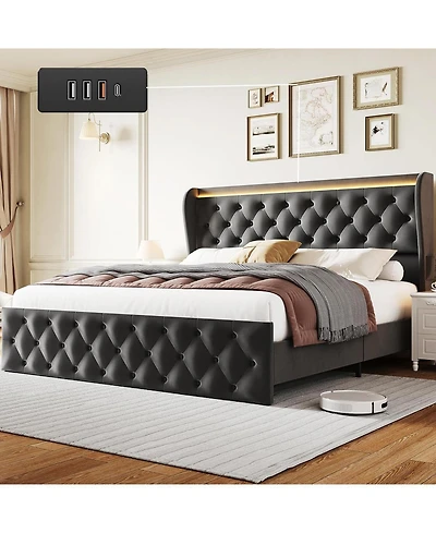 Gaomon Led Platform Bed Frame with Charging Station, Velvet Upholstered Bed Frame with Button Wingback Headboard, No Box Spring Needed