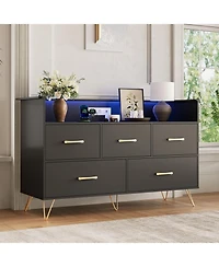 gaomon 5-Drawer Dresser for Bedroom with Led Lights & Charging Station, 47" Wide Wooden Storage Chest
