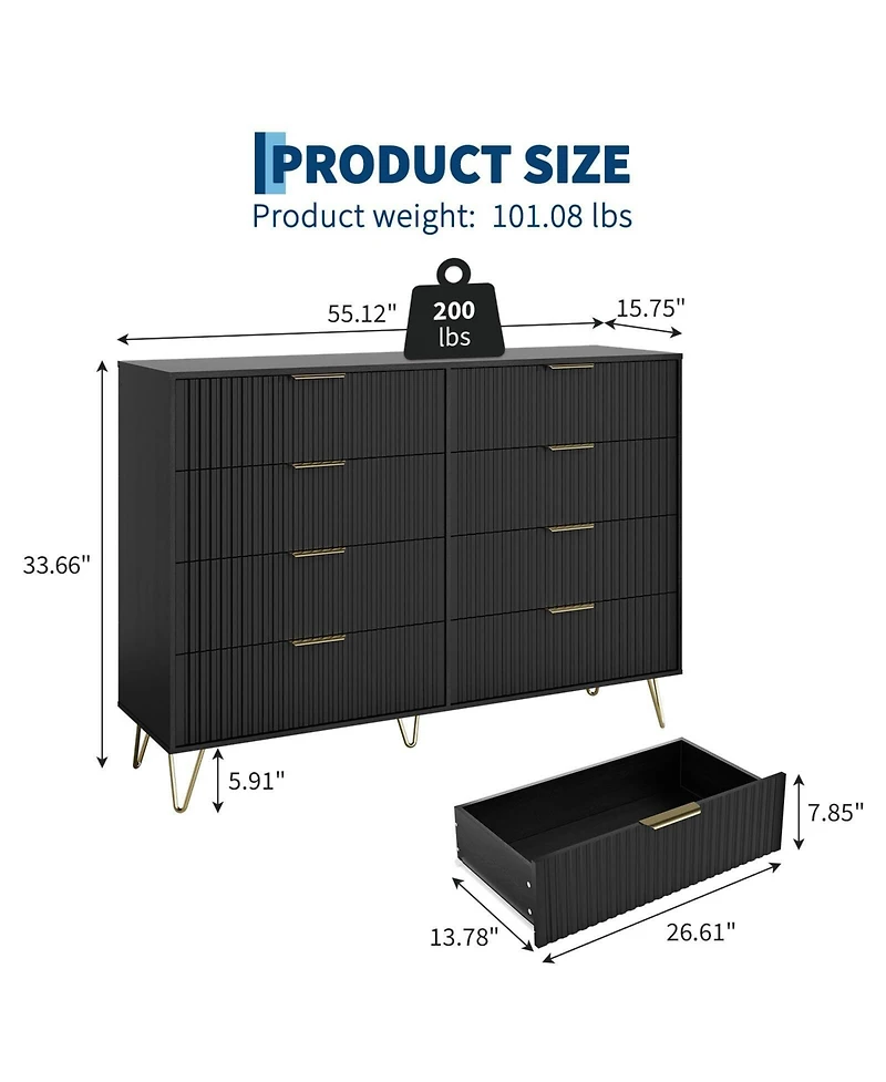 gaomon 55" Wide Modern Wooden Chest of Drawers, Fluted 8-Drawer Dresser for Bedroom