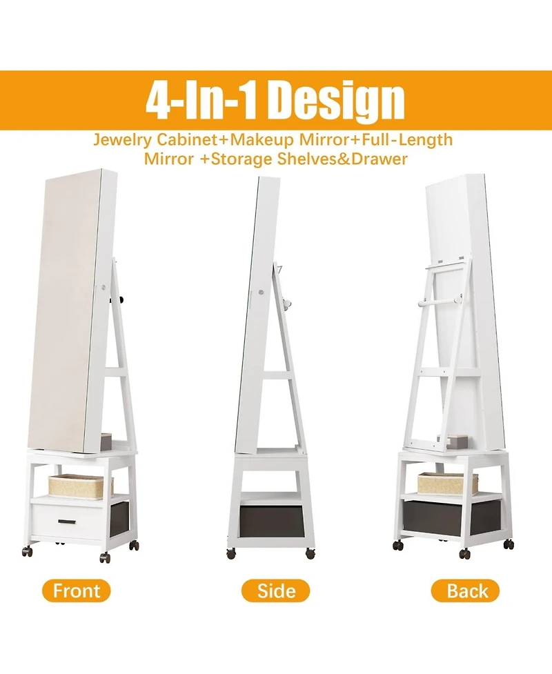 gaomon 360° Swivel Jewelry Armoire with Storage Shelf and Drawer, 66" Full-Length Mirror Cabinet on Wheels