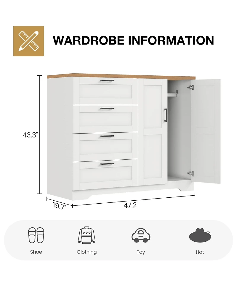 gaomon 43.3" Tall Armoire Wardrobe Closet with 4 Drawers, 2 Doors and Hanging Rod, White