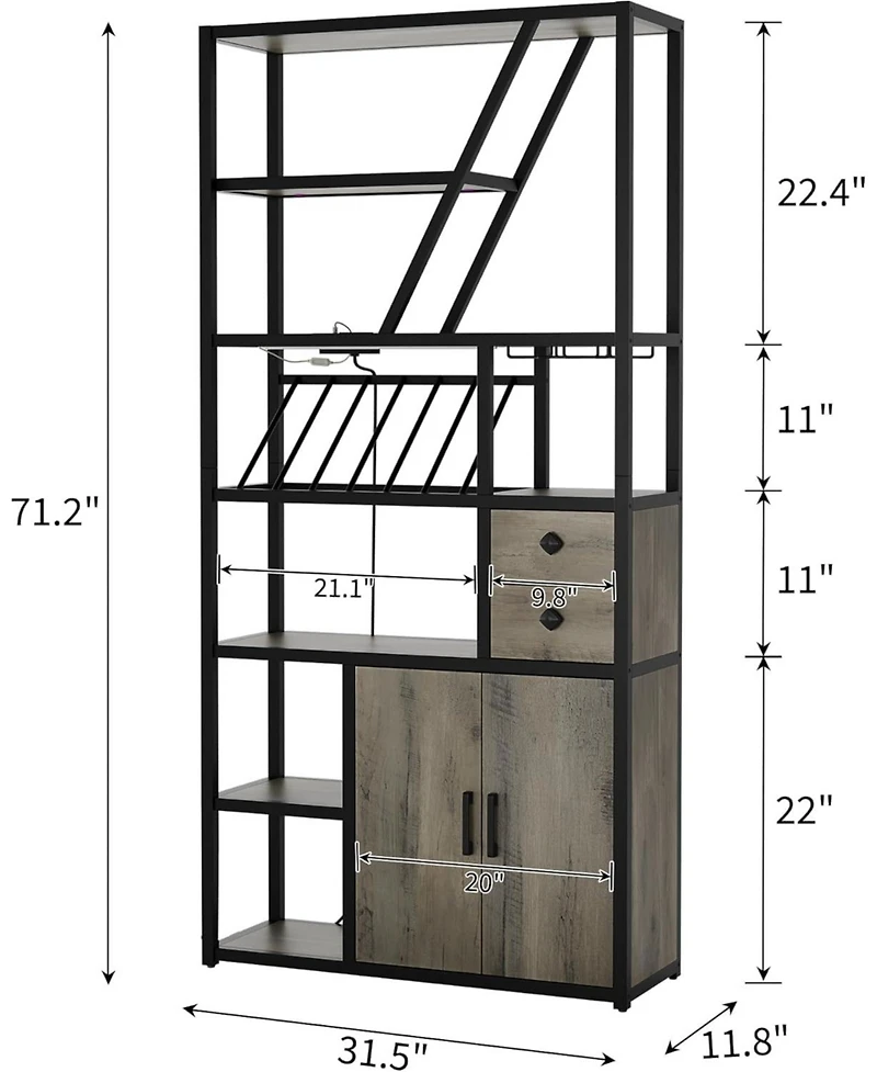 gaomon Bar Cabinet with Led Lights, Tall Coffee Bar Station with Power Outlets and Storage Rack, Grey