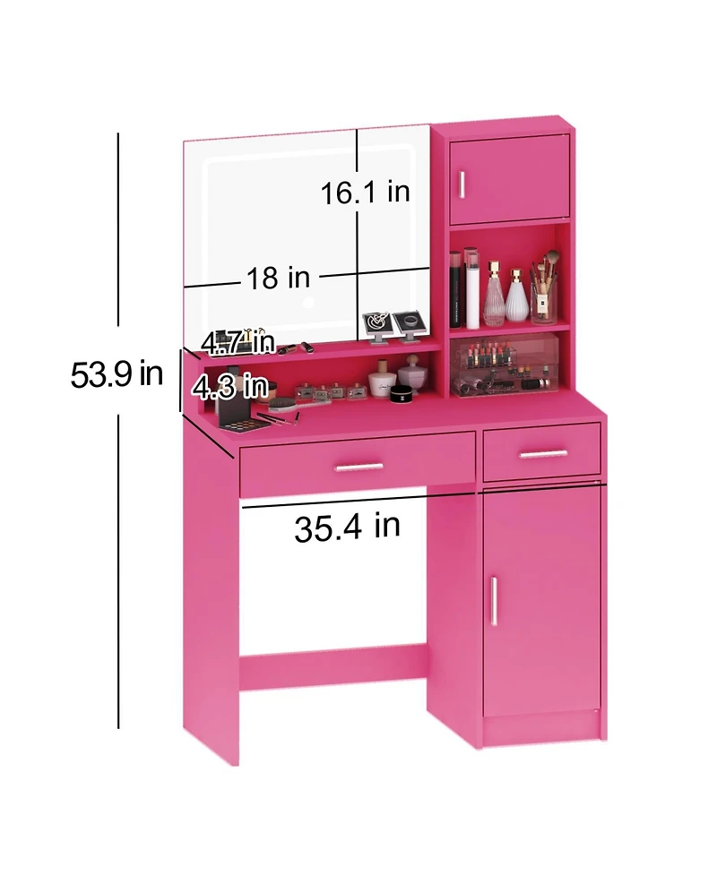 Streamdale Furniture Streamdale Rose Pink Vanity Desk with Mirror, Led Light & Drawer
