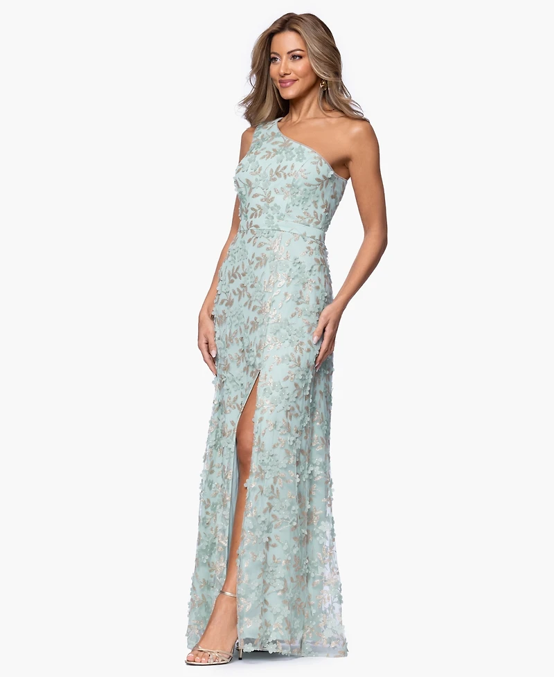 Xscape Women's Embellished One-Shoulder Side-Slit Gown
