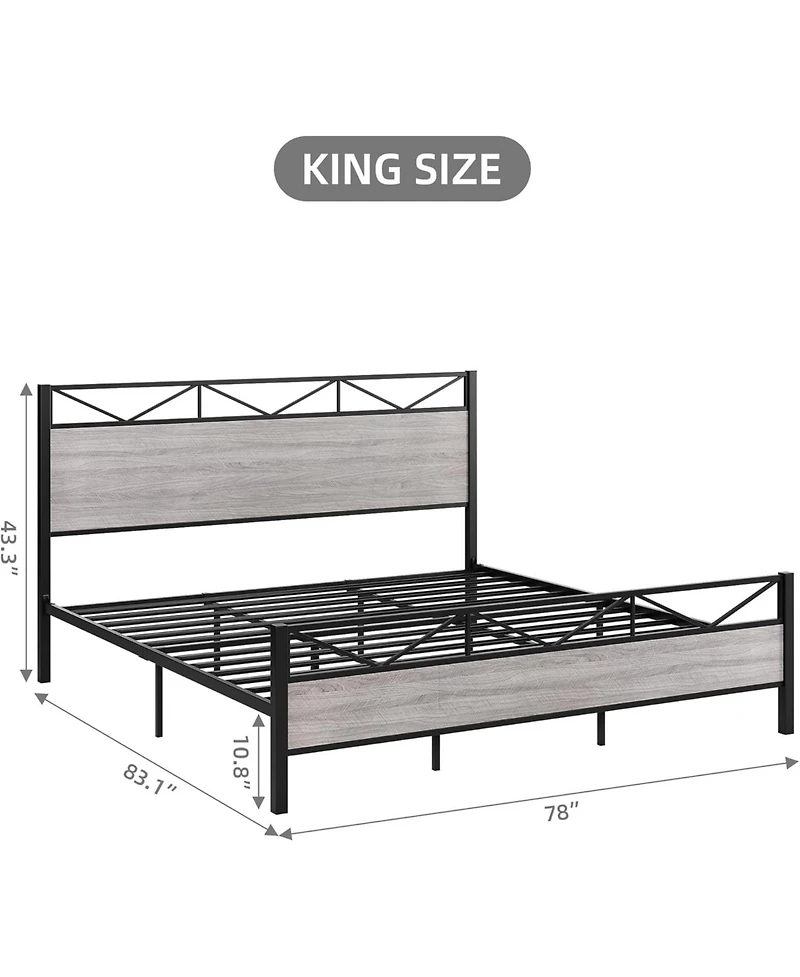 gaomon King Size Bed Frame with Rustic Wood Headboard and Footboard, Heavy Duty Metal Platform Bed Frame with Steel Slat Support