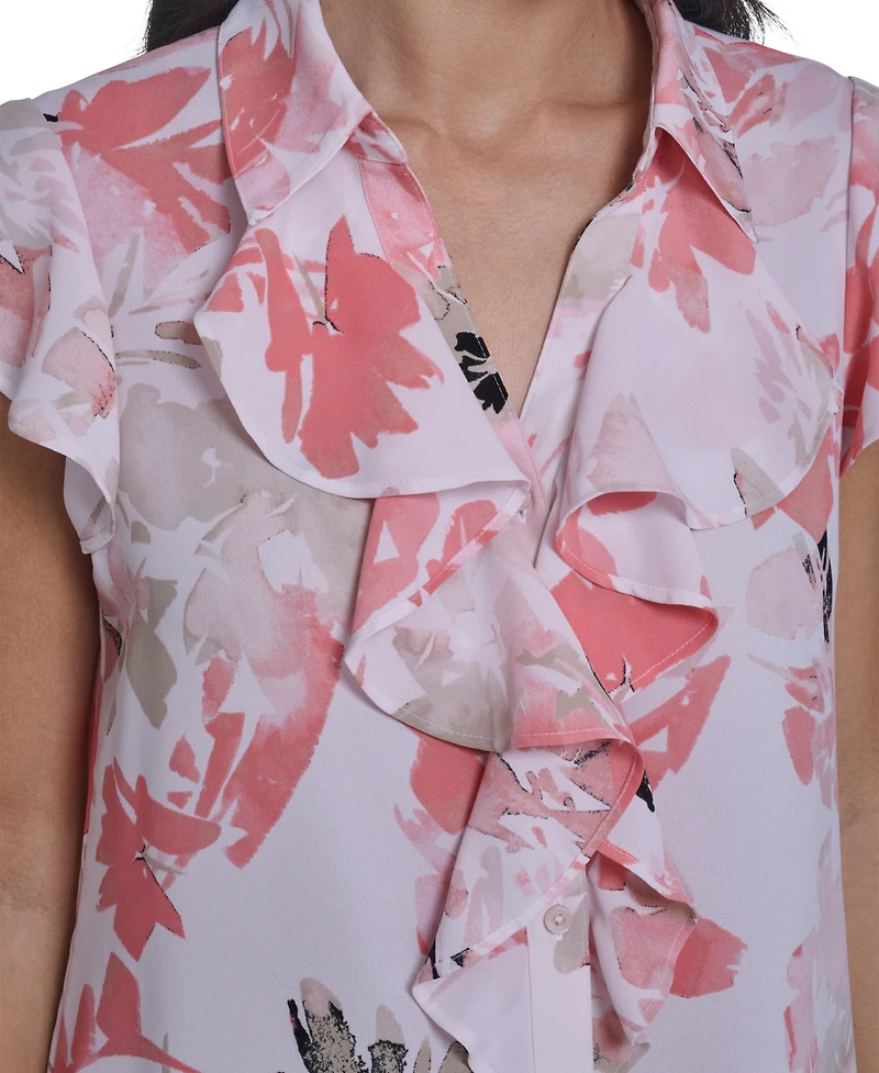 Calvin Klein Women's Printed Cap-Sleeve Ruffle Front Top