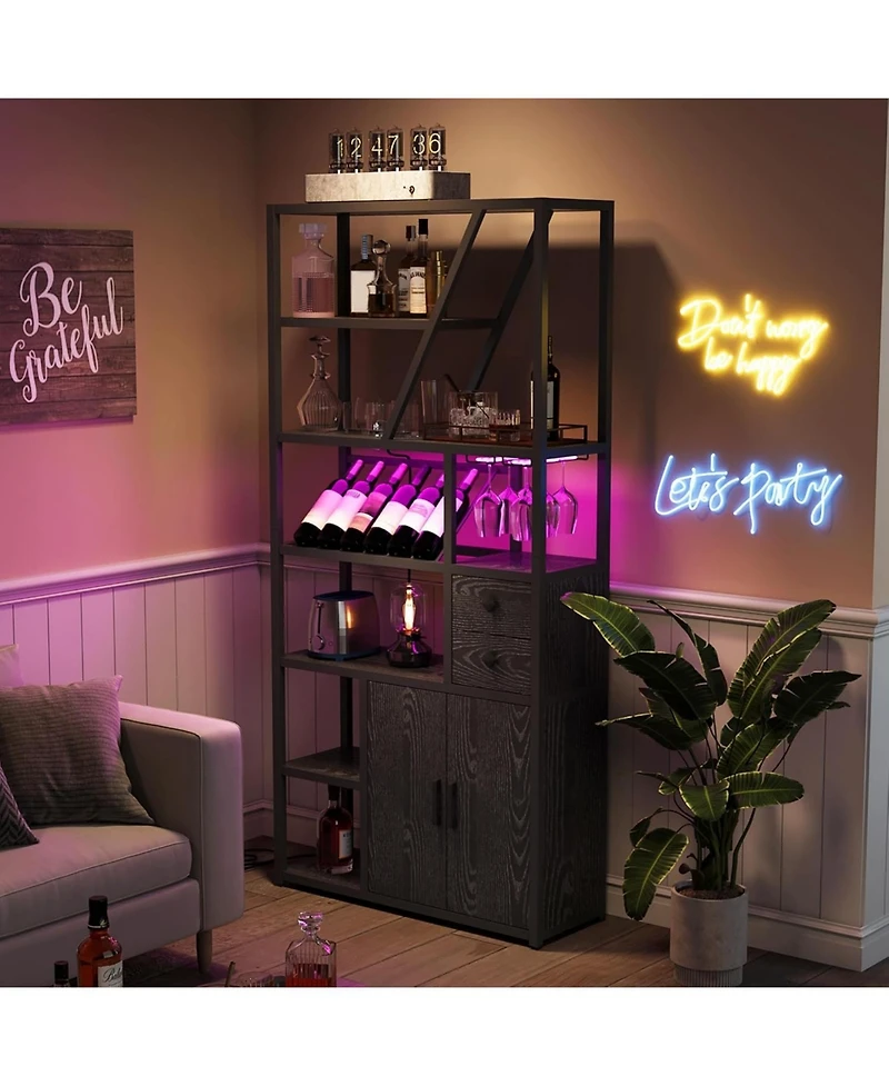gaomon Bar Cabinet with Led Lights, Tall Coffee Bar Station with Power Outlets and Storage Rack