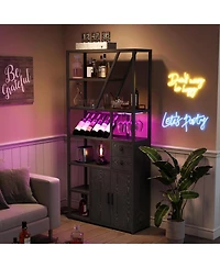 gaomon Bar Cabinet with Led Lights, Tall Coffee Bar Station with Power Outlets and Storage Rack