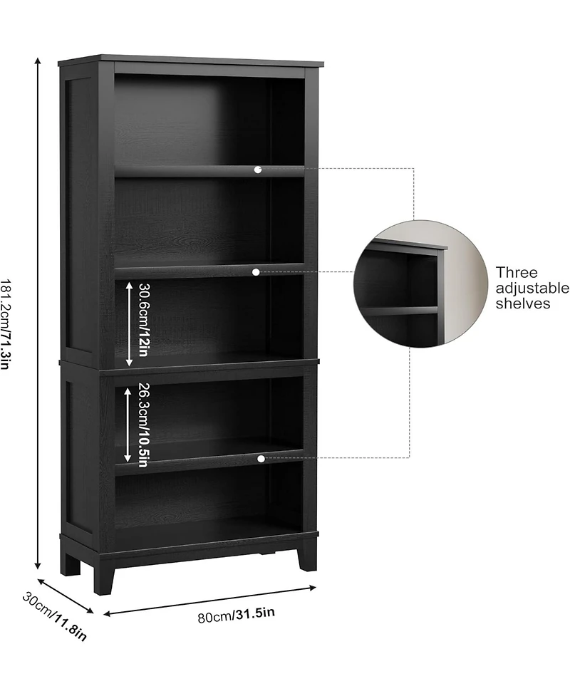 gaomon 71" Tall 5-Tier Farmhouse Bookcase with Adjustable Shelves, 31.5" Wide Wood Bookshelf