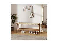 Slickblue 47" Teak Wood Patio Bench with Woven Seat and Solid Legs