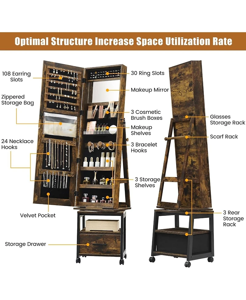 gaomon 360° Swivel Jewelry Armoire with Storage Shelf and Drawer, 66" Full-Length Mirror Cabinet on Wheels