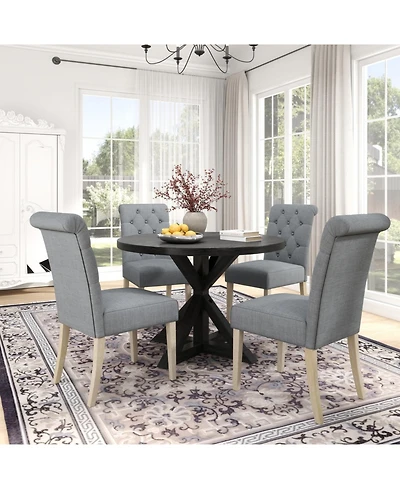 Streamdale Furniture Banff 5-piece Dining Set, Cross-Buck Round Table with 4 Tufted Chairs, Gray