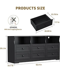 gaomon 6-Drawer Slim Dresser for Bedroom, Wooden Chest with Power Outlets, Led Light & Open Shelf, Black