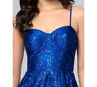 Blondie Nites Juniors' Glitter Lace-Up Sweetheart Gown