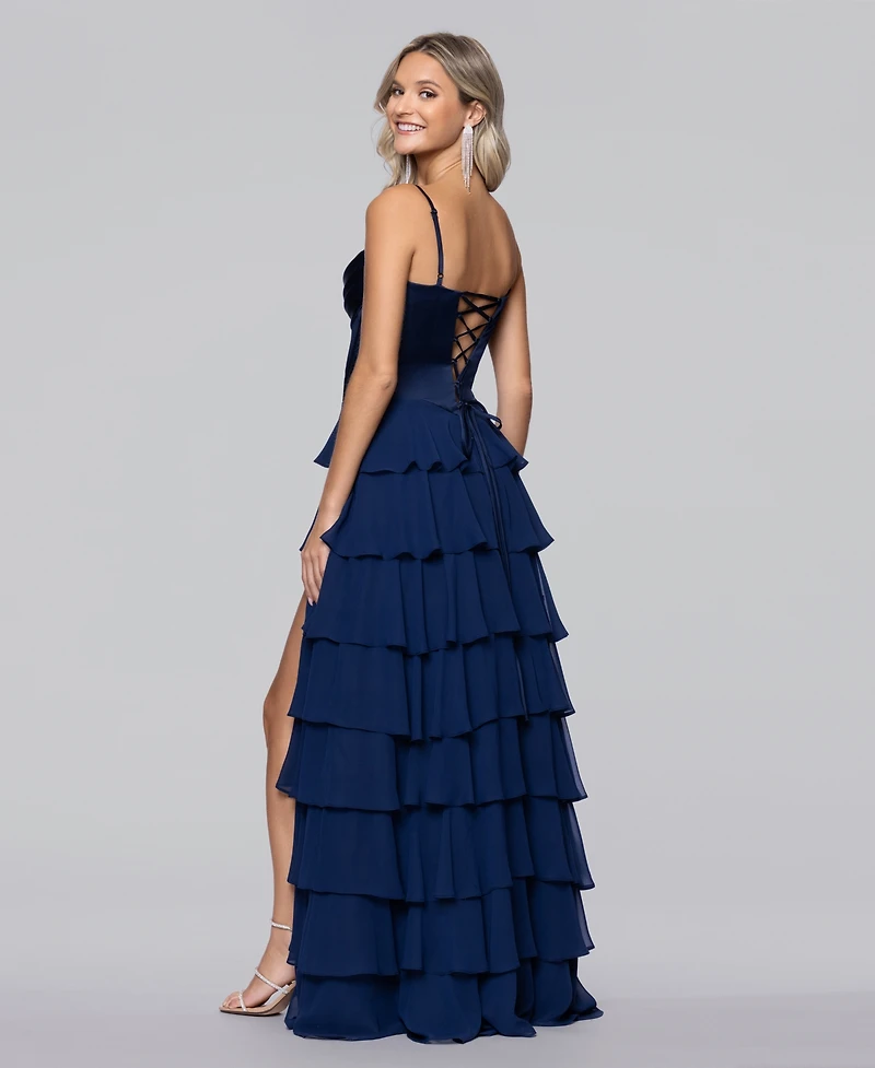 Blondie Nites Juniors' Sweetheart Chiffon Tiered Lace-Up Back Corset Ball Gown