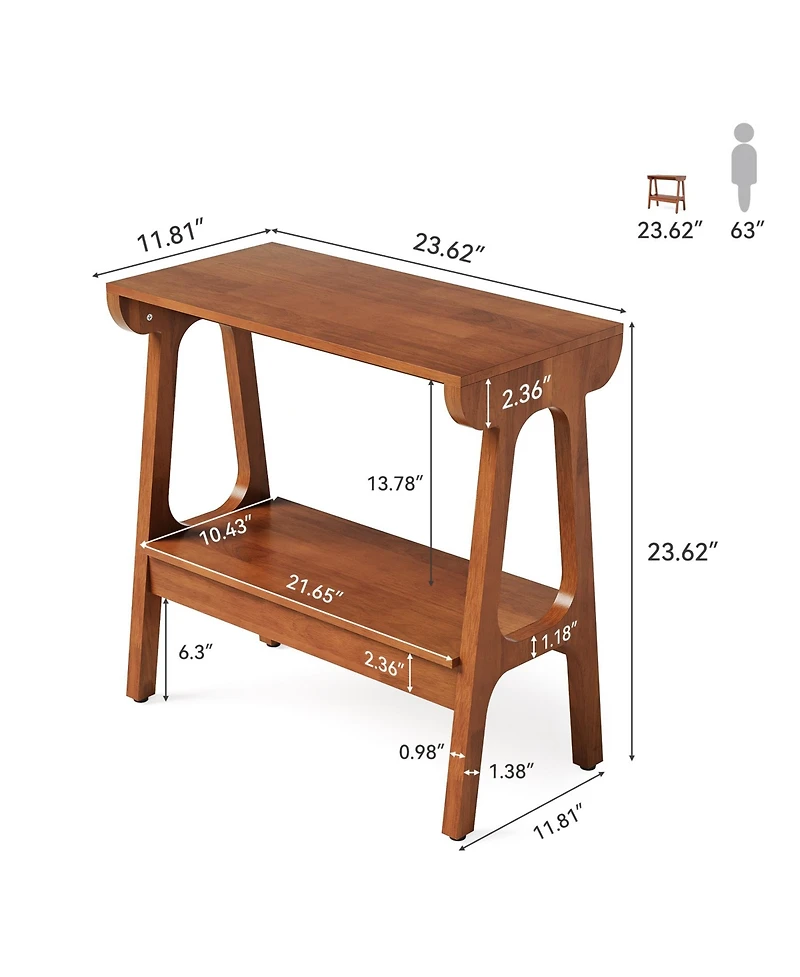 Tribesigns Solid Wood End Table with Storage Shelf, Narrow 2-Tier Side Table for Small Spaces, Sofa Couch Table, Tall Nightstand