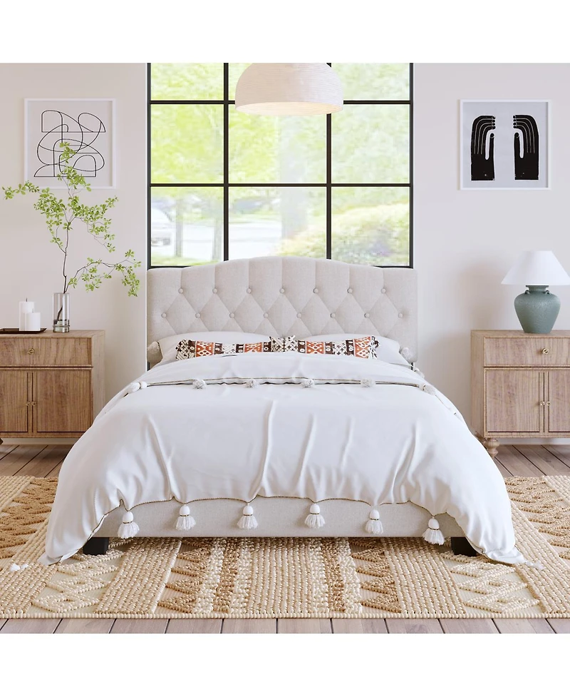 Streamdale Furniture “Queen Upholstered Platform Bed with Curved Tufted Headboard, Beige”