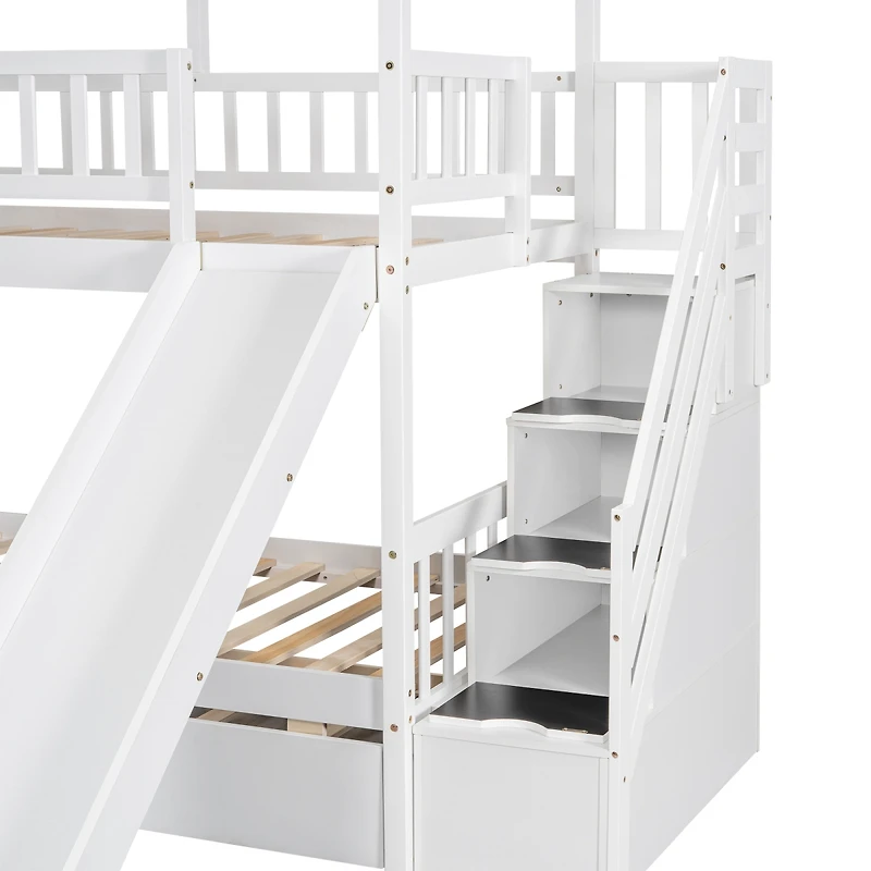 Streamdale Furniture Twin over Twin Bunk Bed with Trundle, Slide, Stairs, Roof, Window, White