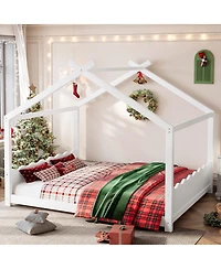 Streamdale Furniture Queen House Floor Bed with Slats, Solid Wood Frame for Kids