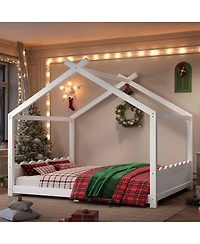 Streamdale Furniture Queen House Floor Bed with Slats, Solid Wood Frame for Kids