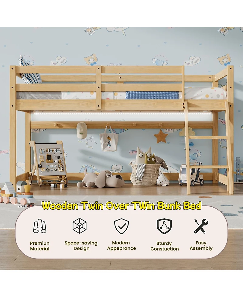 Streamdale Furniture Low Loft Bed with Led Lighting, Solid Wood